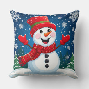 Cojín Decorativo Muñeco de nieve alegre con bufanda y sombrero rojo