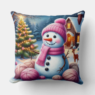 Cojín Decorativo Muñeco de nieve alegre junto al árbol de Navidad e