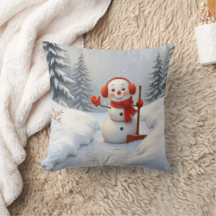 Cojín Decorativo Muñeco de nieve amistoso con una pala roja