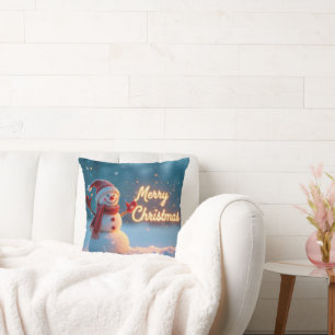 Cojín Decorativo Muñeco de nieve de Feliz Navidad con letrero de ne
