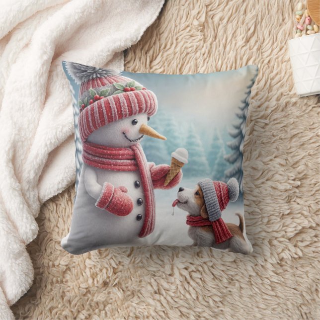 Cojín Decorativo Muñeco de nieve de Navidad con perro (Manta)