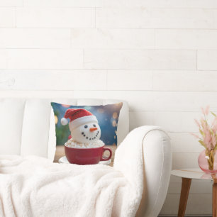 Cojín Decorativo Muñeco de Nieve de Navidad en Cacao Caliente