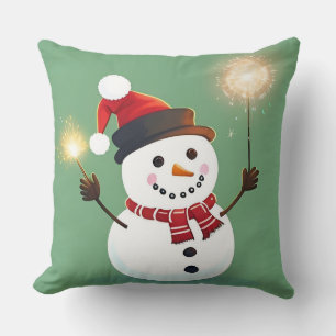 Cojín Decorativo Muñeco de nieve feliz con bengalas y sombrero de S