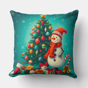 Cojín Decorativo Muñeco de nieve festivo y árbol de Navidad con reg