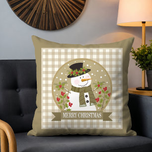 Cojín Decorativo Muñeco de Nieve Rústico Holly Gingham Feliz Navida