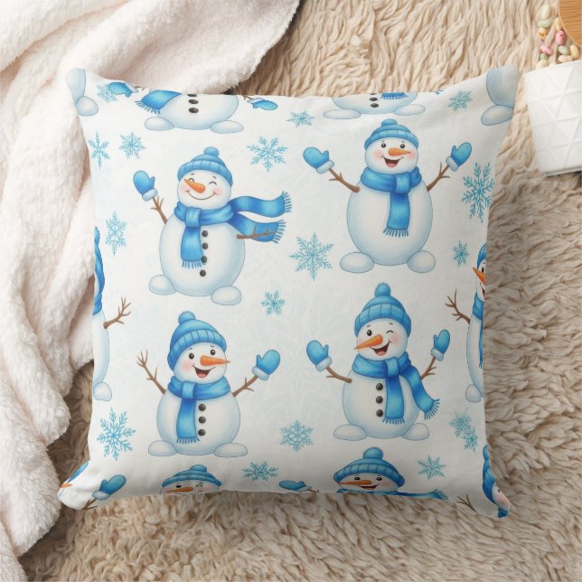 Cojín Decorativo Muñecos de nieve alegres y copos de nieve azules – (Manta)