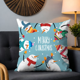 Cojín Decorativo Muñecos de Nieve Caprichosos Feliz Navidad Azul Fi