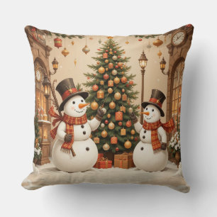 Cojín Decorativo Muñecos de nieve festivos retro y árbol de Navidad