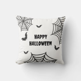 Cojín Decorativo Murciélago de telaraña Feliz Halloween en blanco y