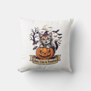 Cojín Decorativo Murciélagos Gatos Calabazas Halloween Bruja Gato E