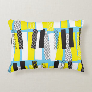 Cojín Decorativo Música de jazz, patrón geométrico azul amarillo.