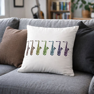 Cojín Decorativo Música de Saxofones Arcoíris Arte Saxofón Colori
