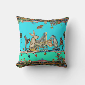 Cojín Decorativo MÚSICA MEDIEVAL BESTIARIA, conejo, azul perro