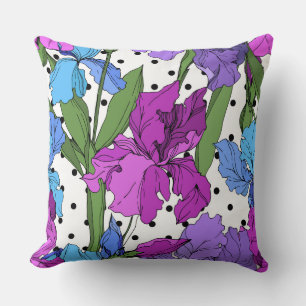 Cojín Decorativo Muy lindo y alegre morado floral, verde, puntos