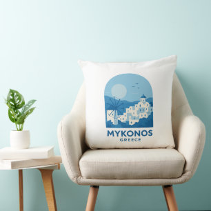 Cojín Decorativo Mykonos Grecia Arte de Viaje Minimalista Azul