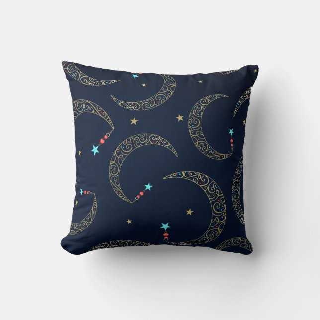 Cojín Decorativo Mystical Blue Gold Filigree Moon Celestial (Anverso)