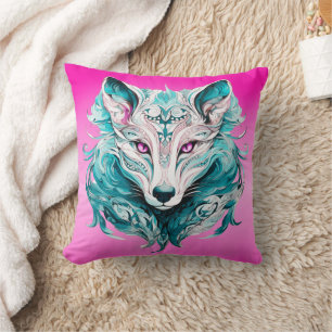Cojín Decorativo Mystical Wolf Elegante Turquesa y Lobo Rosa