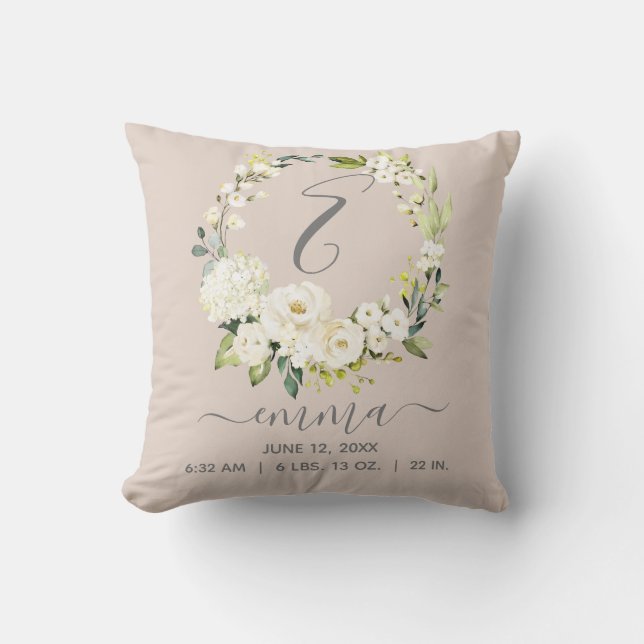 Cojín Decorativo Nacimiento Bebé Estadísticas Rubor Floral Blanca R (Anverso)