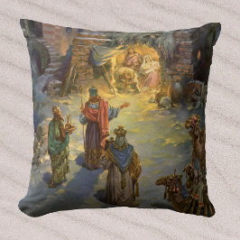 Cojín Decorativo Nacimiento de Navidad Vintage con Magos Visitantes