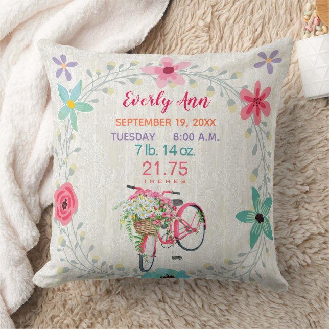 Cojín Decorativo Nacimiento Estadísticas Bebé Chica Bicicleta Rosa  (Manta)