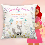 Cojín Decorativo Nacimiento Estadísticas Bebé Niña Criaturas de Woo<br><div class="desc">Nacimiento Estadísticas Bebé Chica Woodland Criaturas Fox. En el bosque donde abundan las bellotas,  hojas y flores silvestres,  se encuentra el zorro más dulce sentado junto a las flechas y otras cortinas,  todo para anunciar las estadísticas más importantes de todos los tiempos.</div>