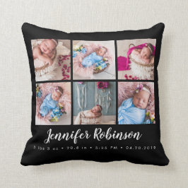 Cojín Decorativo Nacimiento monogramado negro Stat Collage de fotos