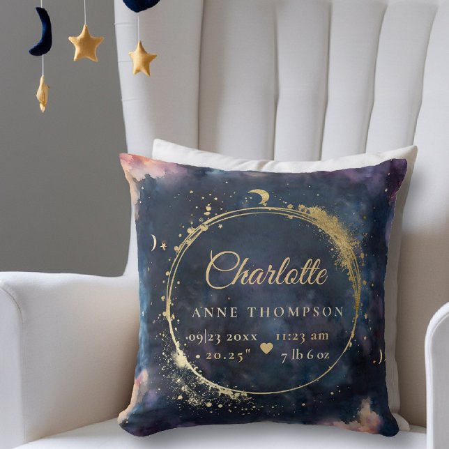 Cojín Decorativo Nacimientos celestes por la luna (celestial baby birth stats keepsake throw pillow star moon cosmos galaxy boho nursery decor)