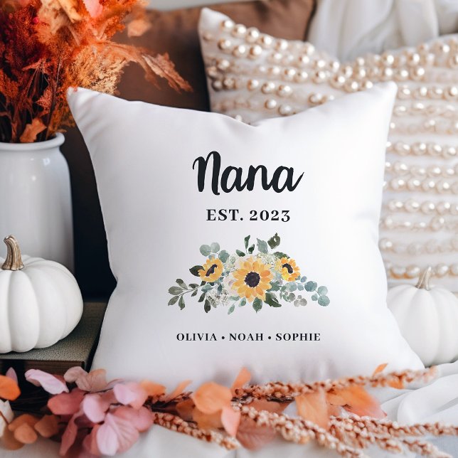 Cojín Decorativo Nana | Girasol rústico Bonito y nombres (A pretty, rustic keepsake pillow with sunflowers for your Nana)