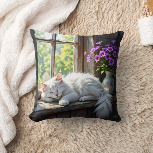 Cojín Decorativo Napping White Cat and Purple Flowers  (Manta)