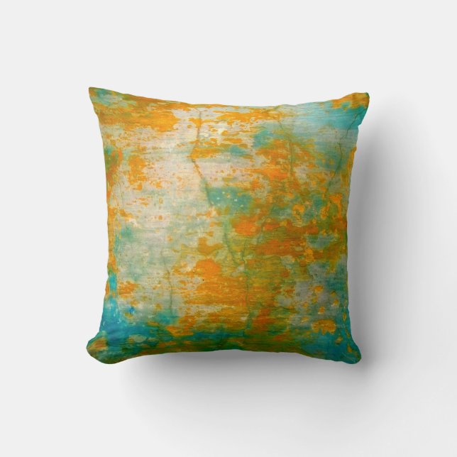 Cojín Decorativo Naranja abstracto y pintura rústica azul (Anverso)