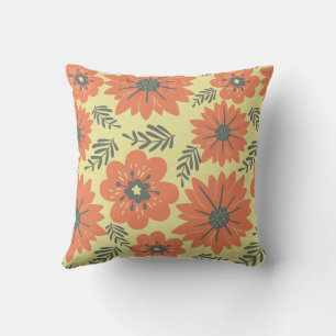 Cojín Decorativo Naranja Amarillo Retro Floral Negra