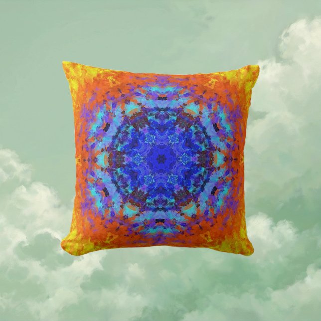 Cojín Decorativo Naranja azul Mandala digital y amarillo (Blue Orange and Yellow Digital Mandala Throw Pillow by Wormhole Orbital)