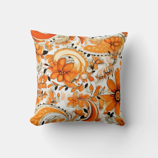 Cojín Decorativo Naranja Boho Paisley Patrón sin inconvenientes (Anverso)