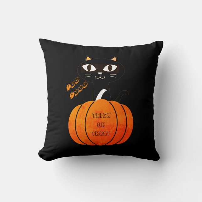 Cojín Decorativo Naranja Calabaza de Gato Negro Cute Halloween fant (Anverso)