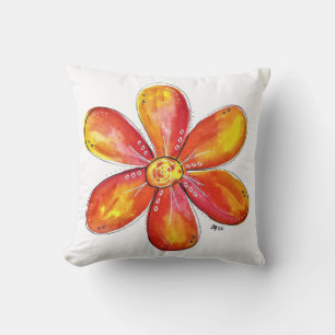 Cojín Decorativo Naranja caprichoso colorido y flor amarilla