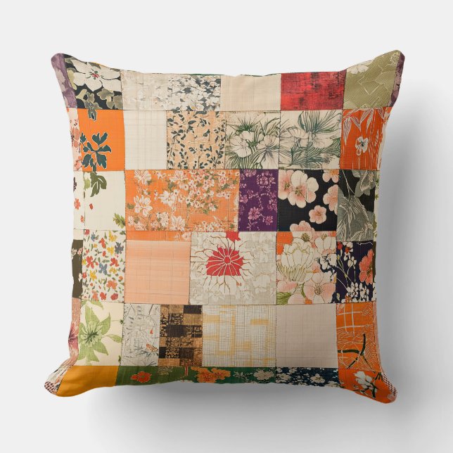 Cojín Decorativo Naranja de cosecha Kimono Patchwork (Anverso)