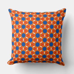 Cojín Decorativo Naranja de flor redondo estrella retro azul
