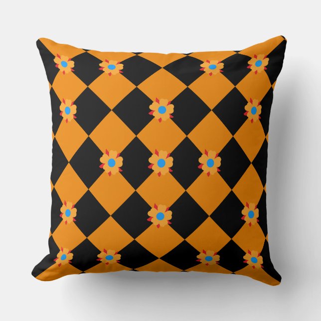 Cojín Decorativo Naranja de flores y negro (Anverso)