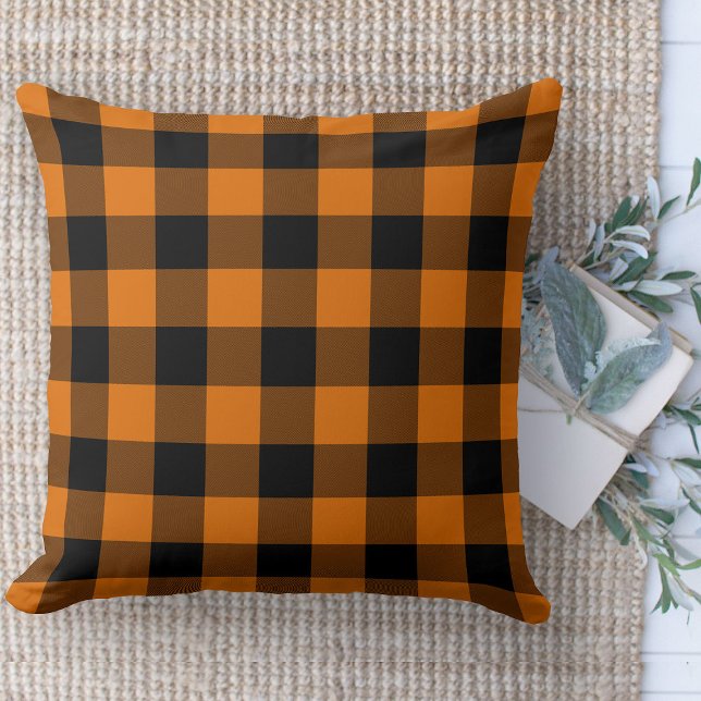 Cojín Decorativo Naranja de granja moderna y chaqueta de búfalo neg (Modern farmhouse throw pillow orange and black buffalo plaid couch pillow )