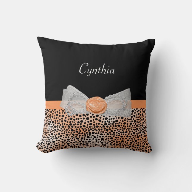 Cojín Decorativo Naranja de moda Cheetah Imprimir el doblado y nomb (Anverso)