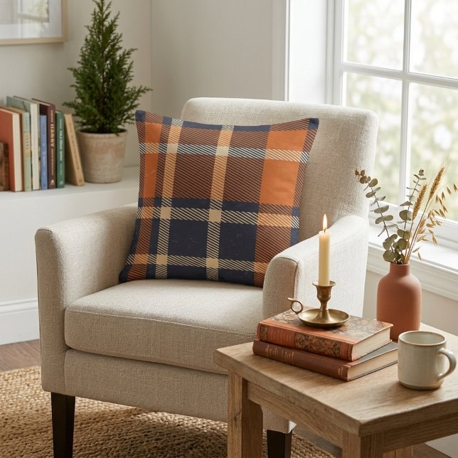 Cojín Decorativo Naranja de otoño y placa azul (Autumn Orange and Blue Plaid Throw Pillow)