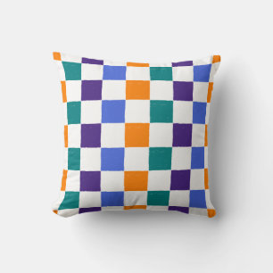 Cojín Decorativo Naranja de tablero de ajedrez, Verde azulado, azul