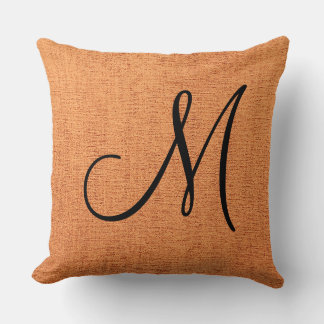 Cojín Decorativo Naranja Elegante Monograma Aspecto de Lienzo