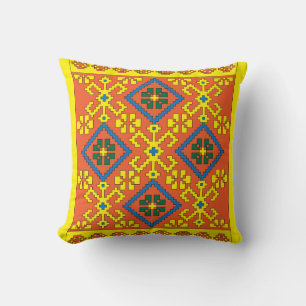 Cojín Decorativo Naranja étnico letón arte amarillo de Alsunga