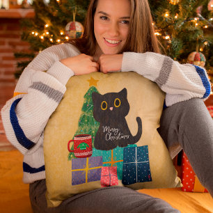 Cojín Decorativo Naranja Festivo Gato Lindo Café Feliz Navidad