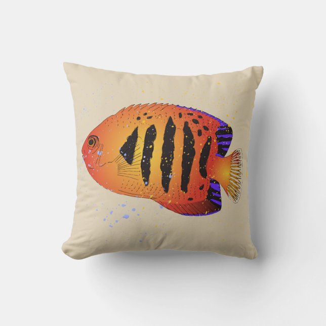 Cojín Decorativo Naranja Flame Angelfish Acuario Tropical Arte (Anverso)