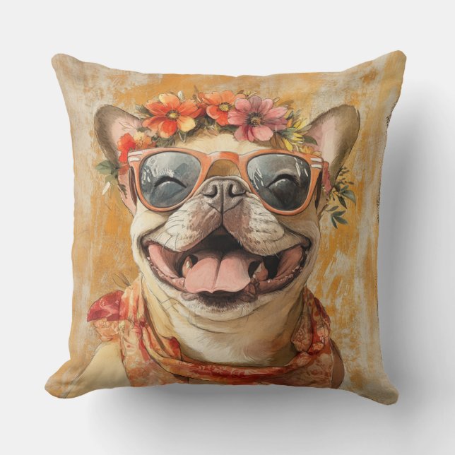 Cojín Decorativo Naranja Floral de perro amante de Bulldog francés (Anverso)