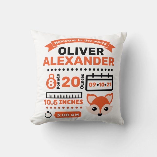 Cojín Decorativo Naranja Fox Newborn Baby Stats (Anverso)