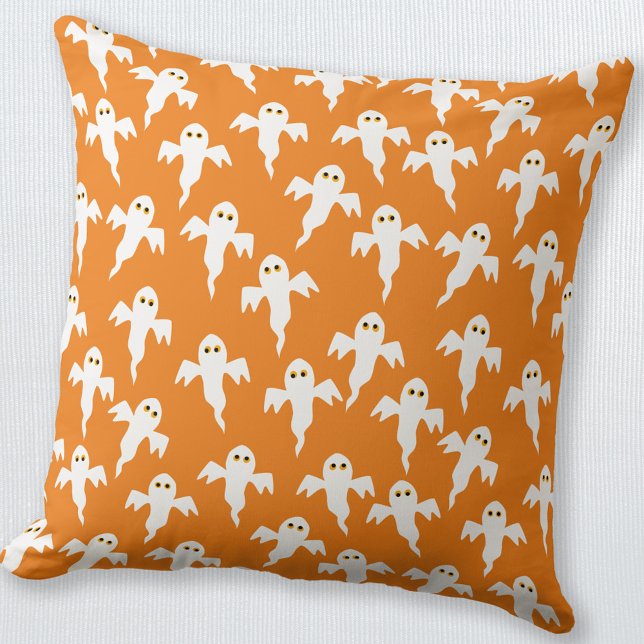 Cojín Decorativo Naranja Ghost Halloween (Fun little ghosts orange and white throw pillow, perfect for Halloween decor)