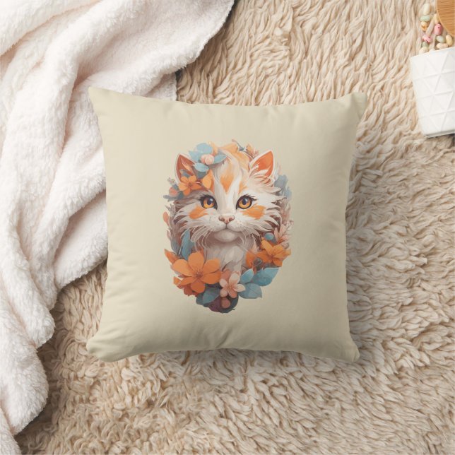 Cojín Decorativo Naranja lindo Floral Kitty Cat (Manta)